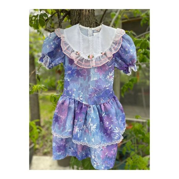 Vintage 80s Princess Party Dress Puff Sleeve Ruffle Collar Lace Rosebuds Waterco - Picture 1 of 6